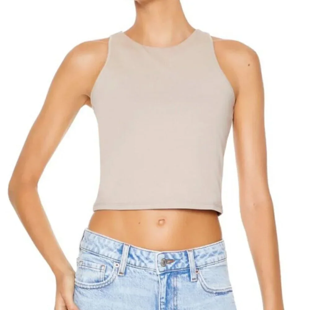 E FAN Medium Women's Taupe Tank Top Buttery Soft High Neck Cropped - Picture 1 of 12
